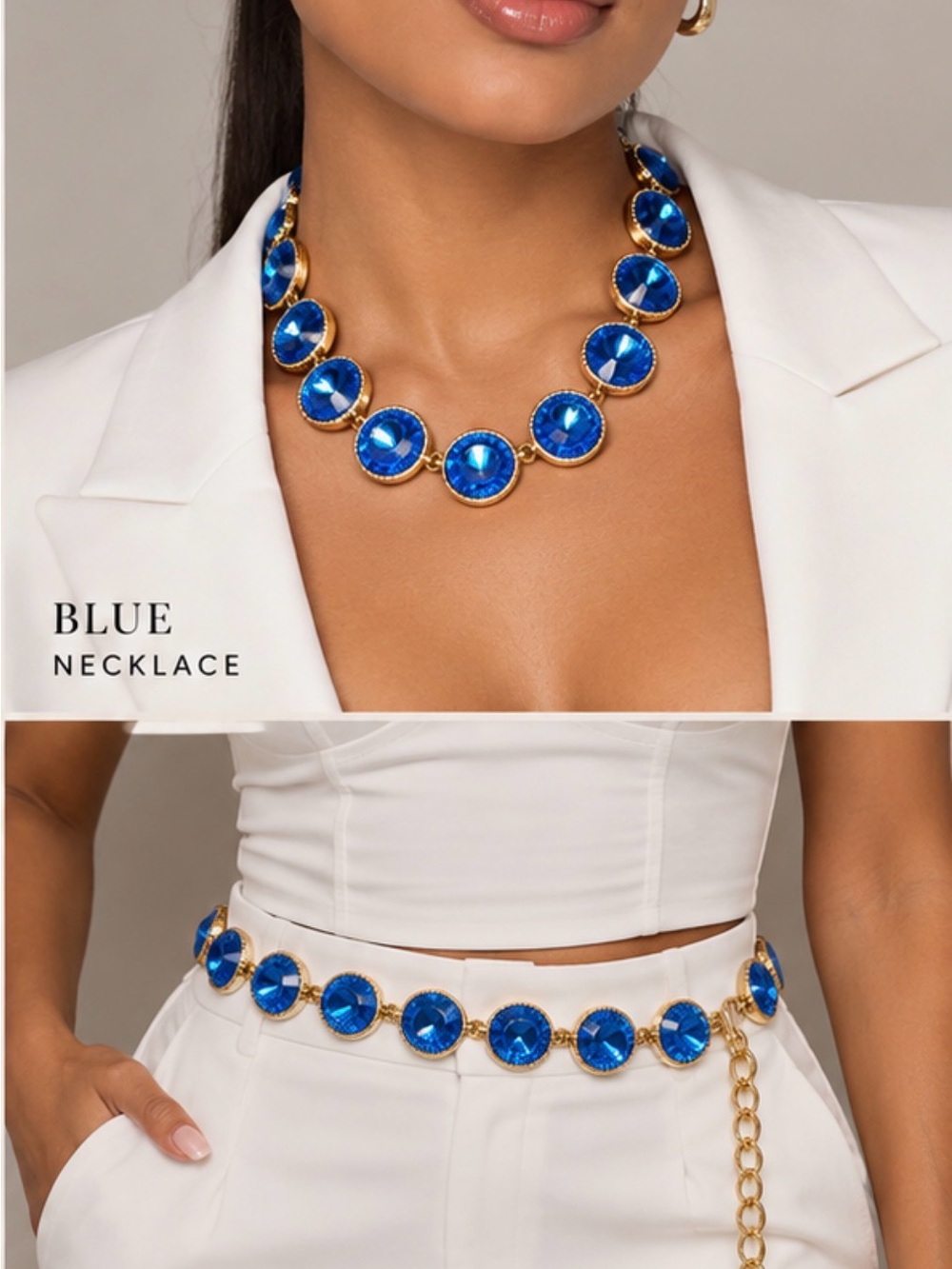 💙 Statement Blue Crystal Gold Chain Belt | Jeweled Adjustable 48” Waist Belt